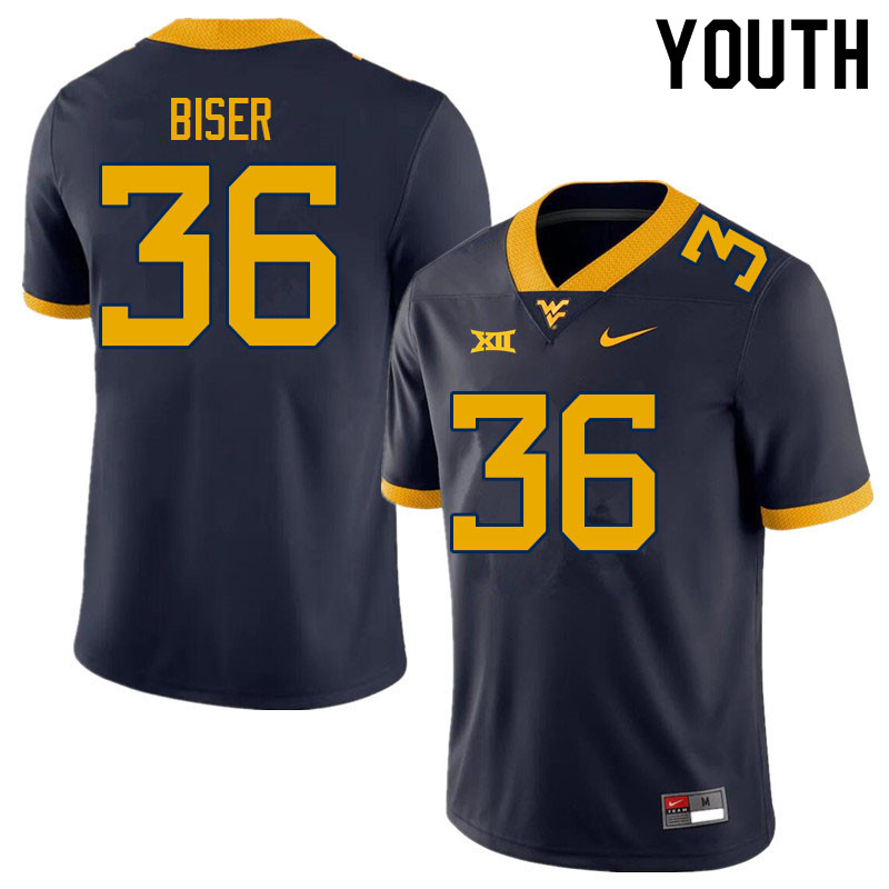 Youth #36 Caden Biser West Virginia Mountaineers College Football Jerseys Sale-Navy - Click Image to Close